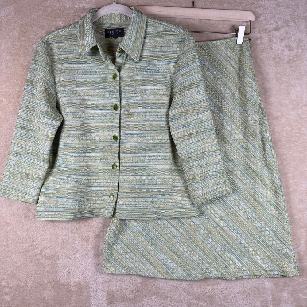 Finity Vintage 2 Piece Skirt Set Green Blue Stripe Knit Leaf Button Jacket Sz 6